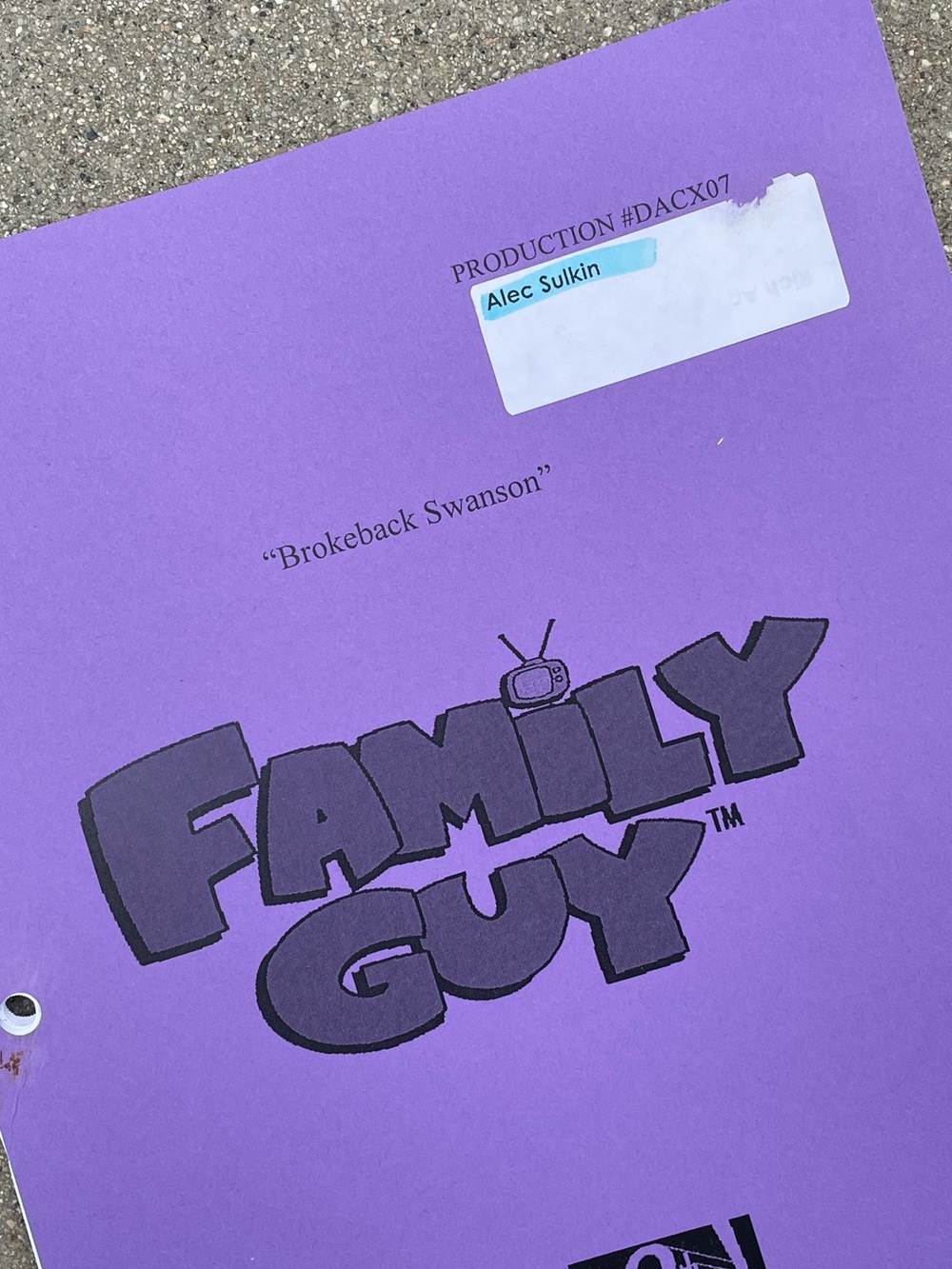 Family Guy 2014 Alec Sulkin Production Used Table Script Brokeback Swanson RARE